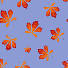 Seamless pattern with chestnut  leaves in Orange, Brown and Yellow isolated on  purple. Perfect for wallpaper, gift paper, pattern fills, autumn greeting cards