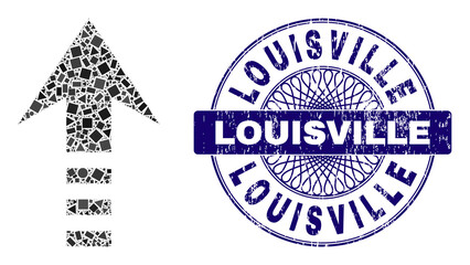 Geometric mosaic send up, and Louisville grunge seal print. Violet stamp seal includes Louisville title inside round shape. Vector send up mosaic is composed of randomized spheric, triangle,