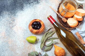.bottle with wine and snacks - Image