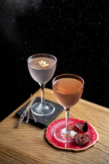 Two fancy fashionable cocktails, modern mixology, exclusive cocktails