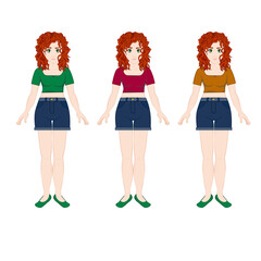 A set of cute curly-haired red-haired girls in clothes of different colors