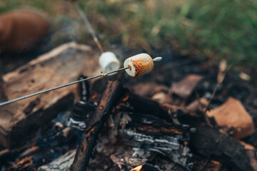 Fototapeta premium Close shot of a marshmallow above the camp fire
