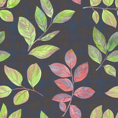 Fototapeta na wymiar Decorative leaves seamless pattern on an abstract background. Abstract seamless background of leaves and branches. Botanical watercolor drawing for printing, wallpaper, packaging.