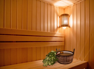 Finnish sauna interior, classic wooden sauna, Russian sauna, sauna accessories in a village bath. SPA concept