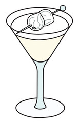 Gibson Martini variation cocktail in specific glass. Gin based transparent drink garnished with marinated onion. Stylish doodle cartoon vector illustration good for cards, menu decoration, posters