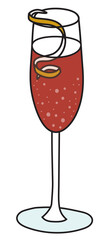 Negroni Sbagliato classic cocktail in flute glass. Sweet vermouth and Campari based sparkling red drink garnished with orange twist. Stylish doodle cartoon vector illustration for cards, menu decor.
