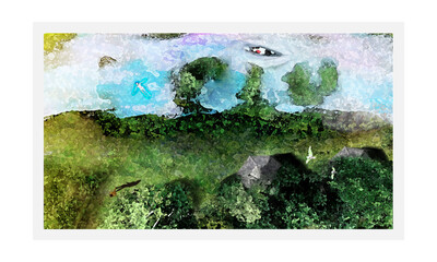 Picture of the river bank top view. Summer vacation, friends vacation, swimming and boating illustraton