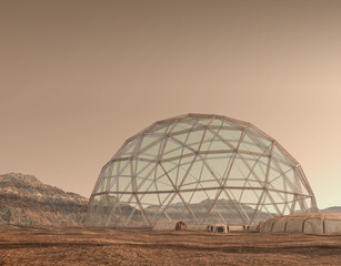 Geodesic dome structure on Mars - obrazy, fototapety, plakaty