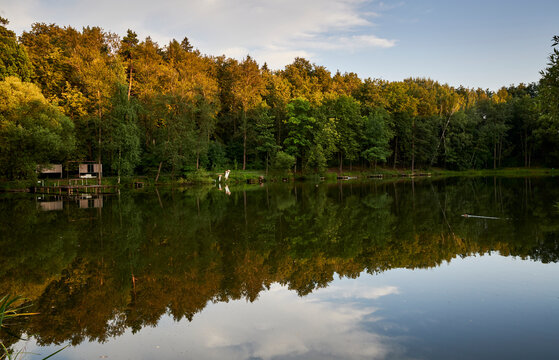 Russia. Moscow. Settlement Uzkoe - Third pond in the sunset rays