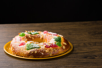 traditional spanish christmas cake. Roscon de reyes o rosca de reyes is a food baked on epiphany