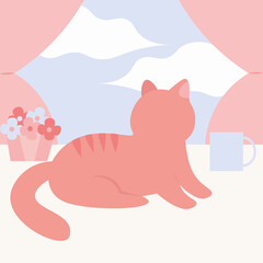 The cat lies on the windowsill and looks out the window at the clouds. A mug of coffee, violets in a pot. Delicate pastel colors. Vector children's illustration