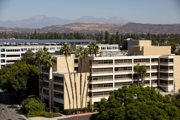 Daytime aerial view of the downtown skyline of Fullerton, California, USA.