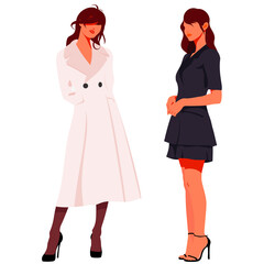 Beautiful young girls in stylish outfits. Fashion business women. Business women on a white background in beautiful clothes. Vector illustration.