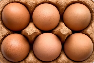 Half of dozen of brown organic free range eggs in recycling carton box. Selective focus. Close up. 