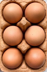 Half of dozen of brown organic free range eggs in recycling carton box. Selective focus. Close up. 