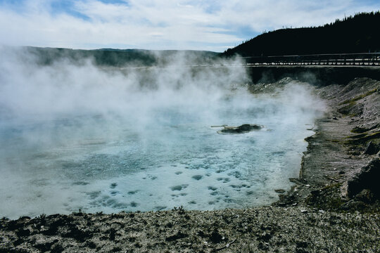 Excelsior Geyser, which located in the Midway Geyser Basin in Yellowstone National Park, drains 4,000-4,500 gallons of water per minute into the Firehole River.