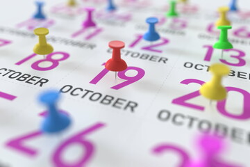 October 19 date and push pin on a calendar, 3D rendering