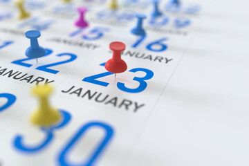 January 23 date marked with red pushpin on a calendar, 3D rendering
