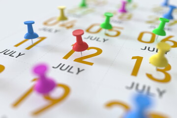 July 12 date and push pin on a calendar, 3D rendering