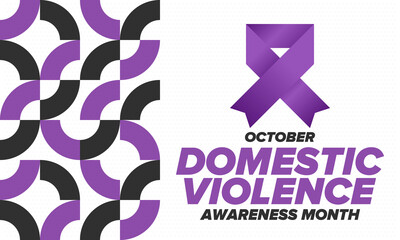 Domestic Violence Awareness Month in October. Celebrate annual in United States. Awareness purple ribbon. Day of Unity. Prevention campaign. Stop women abuse. Poster, banner and background. Vector