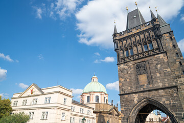 Low angle detail historic Charles Bridge tower gate, Gothic architecture
