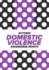 Domestic Violence Awareness Month in October. Celebrate annual in United States. Awareness purple ribbon. Day of Unity. Prevention campaign. Stop women abuse. Poster, banner and background. Vector