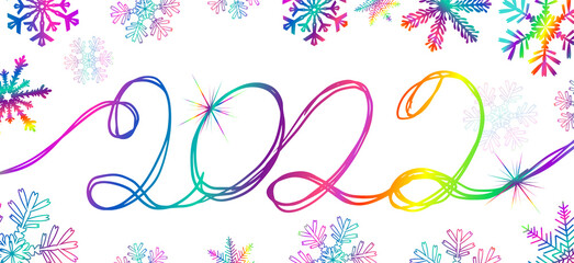 Pen drawing 2022 multicolored calligraphy . Multi-colored snowflakes. Vector illustration