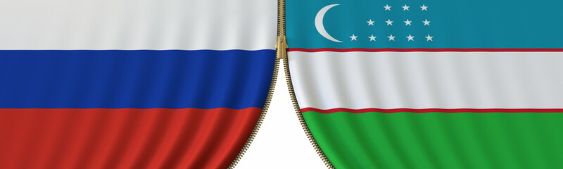 Flags of Russia and Uzbekistan and closing or opening zipper between them. Political negotiations or interaction conceptual 3D rendering