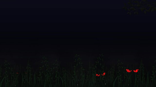 Red Eyes in the Tall Grass Halloween Night 4K Loop features tall grass waving in the breeze with a slight fog and red blinking eyes all over in the grass in a loop