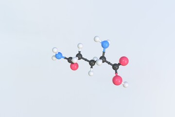 Glutamine molecule made with balls, scientific molecular model. 3D rendering