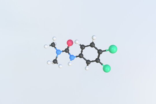 Diuron molecule made with balls, scientific molecular model. 3D rendering