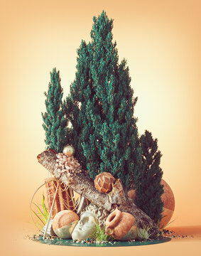 Autumn or winter forest with ceramics and metallic shapes
