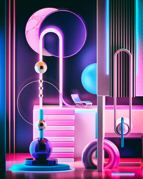 Arrangement of geometric shapes, furniture, and neon lights