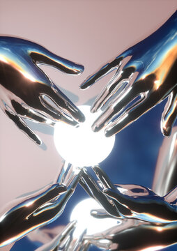 Metallic human hands coming together around a glowing orb