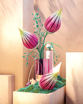 Arrangement of large, surreal flowers with metallic shapes 