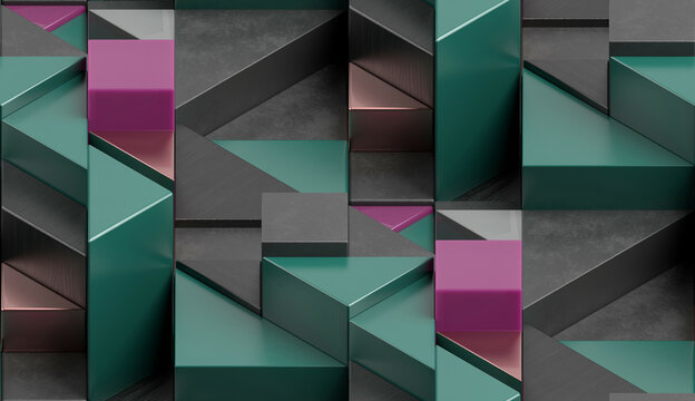 Teal, Magenta And Slate Geometric Metallic Block Background 