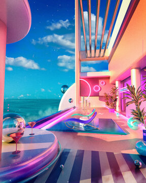 Surreal retro-future pool lounge with neon signs and cocktails