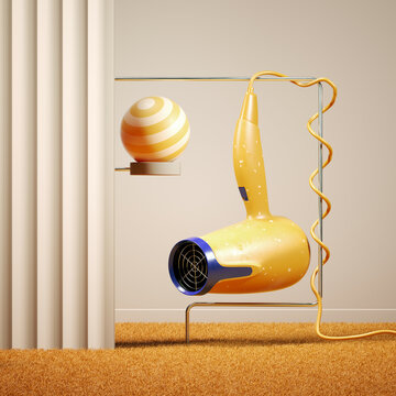 Arrangement of a colorful hairdryer hanging in a retro apartment