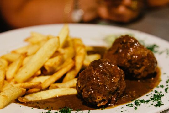 Meatballs with french fries in a restaurant in Brussels
