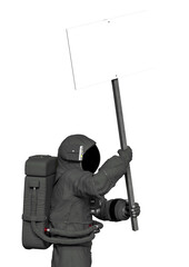 astronaut is holding a white placard in side view