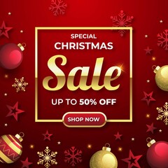 Fototapeta na wymiar flat christmas sales promo with golden red decorations vector design illustration