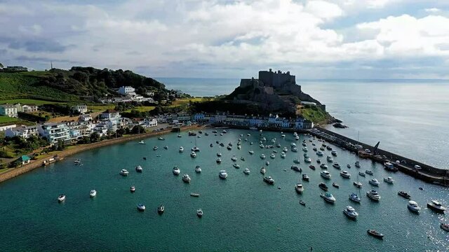 Aerial drone view of Gorey Harbour early morning. Jersey, CI