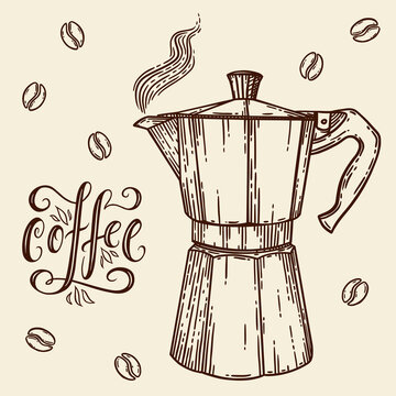 Italian coffee maker and beans lettering