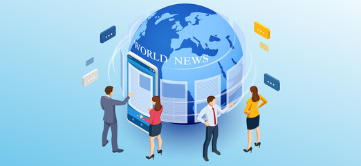 Isometric business news concept. Business news website on digital tablet, everyday searching for job and business opportunities