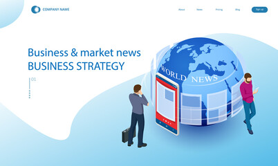 Isometric business news concept. Business news website on digital tablet, everyday searching for job and business opportunities