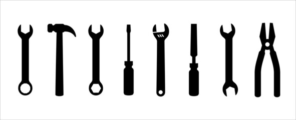 Wrench, hammer, screwdriver, plier, spanner, metal file and crescent wrench vector illustration. Showed in landscape display. Workshop hand tool illustration.