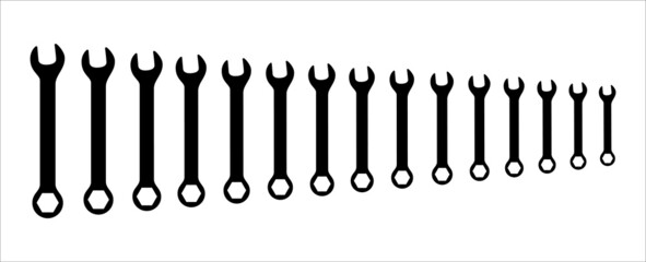 Assorted wrenches set. Vector illustration. Spanner wrench set. Sorted from small to bigger. Combination of hexagon ring spanner and crescent wrench illustration. © great19