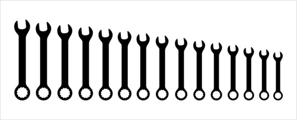 Assorted wrenches set. Vector illustration. Spanner wrench set. Sorted from small to bigger. Combination of spanner and double offset wrench illustration.