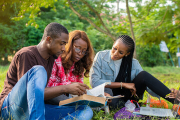 group of african university students studying outdoor together