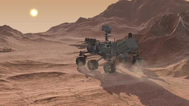 A rover roaming and exploring the surface of Mars. Animation of a rover making experiments in a mission on Mars at sunset
